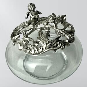 Vintage Seagull Pewter Etain Zinn Potpourri Glass Bowl With Lid